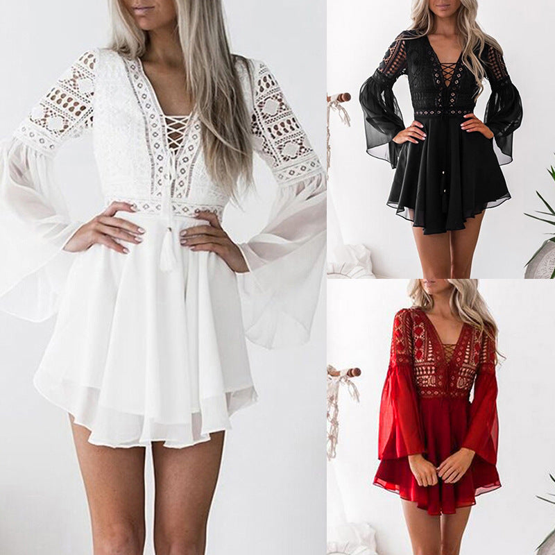 2019 Summer Amazon Water-soluble Lace Hook Flower Hollow V-neck Strap Trumpet Long Sleeve Chiffon Dress
