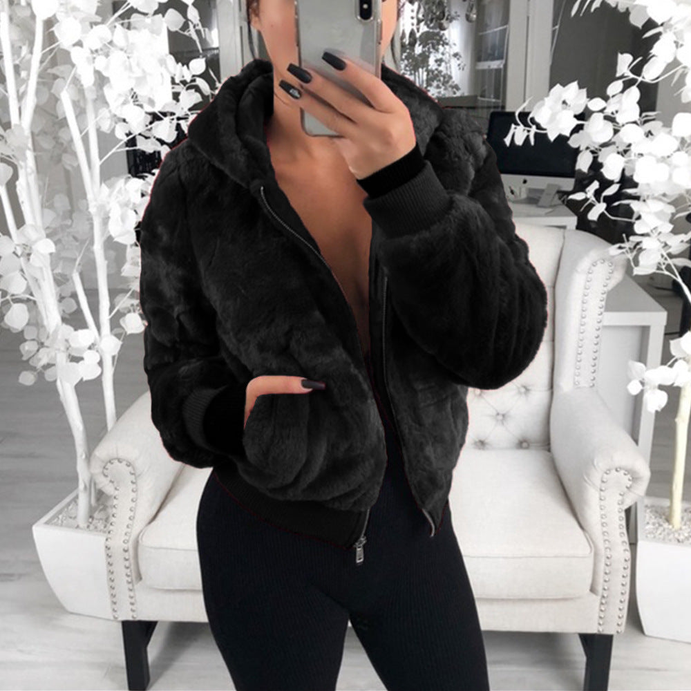 2019 foreign trade Amazon wish European and American autumn and winter explosion models women's hooded bunny fur imitation fur plush jacket women