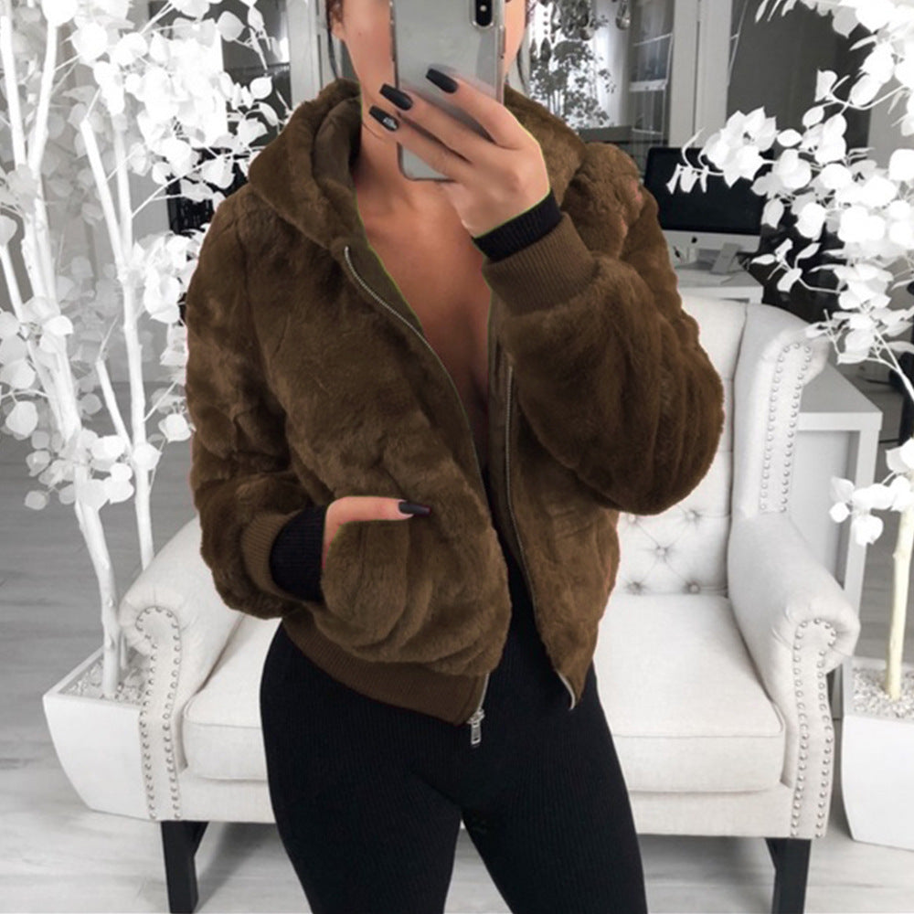 2019 foreign trade Amazon wish European and American autumn and winter explosion models women's hooded bunny fur imitation fur plush jacket women