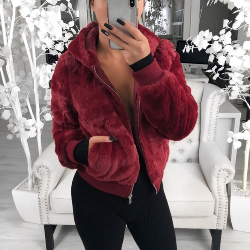 2019 foreign trade Amazon wish European and American autumn and winter explosion models women's hooded bunny fur imitation fur plush jacket women