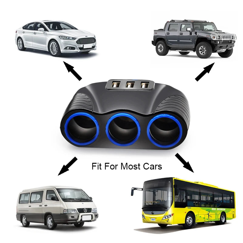 3 USB Port 3 Way 3.1A Blue Led Car Cigarette Lighter Socket Splitter Hub Power Adapter 12V-24V For iPad Smartphone DVR GPS