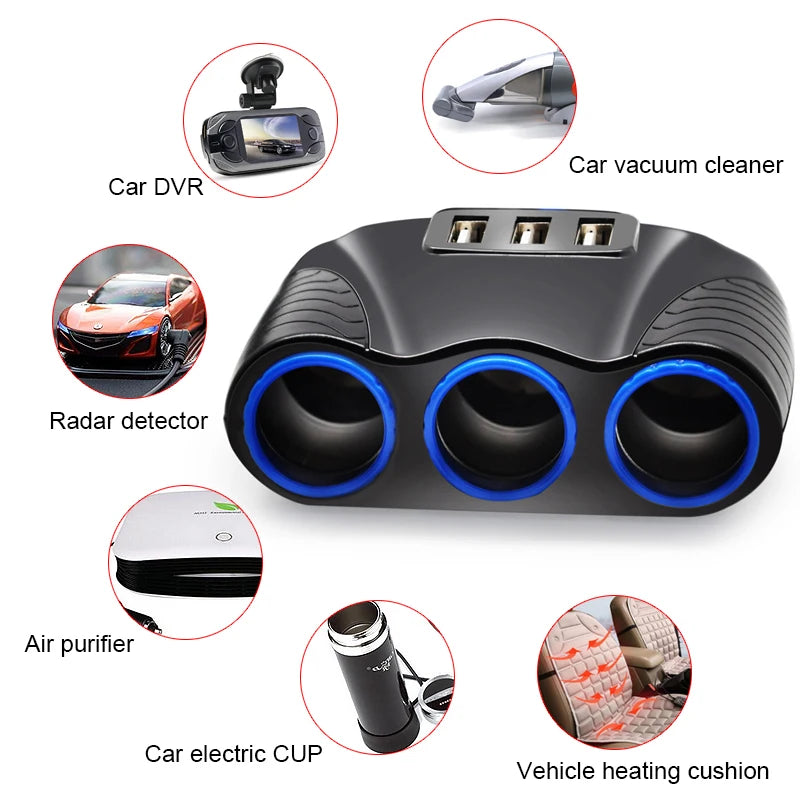 3 USB Port 3 Way 3.1A Blue Led Car Cigarette Lighter Socket Splitter Hub Power Adapter 12V-24V For iPad Smartphone DVR GPS