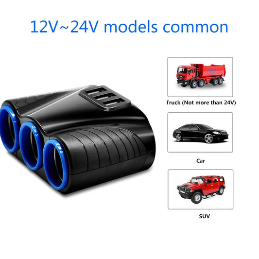 3 USB Port 3 Way 3.1A Blue Led Car Cigarette Lighter Socket Splitter Hub Power Adapter 12V-24V For iPad Smartphone DVR GPS