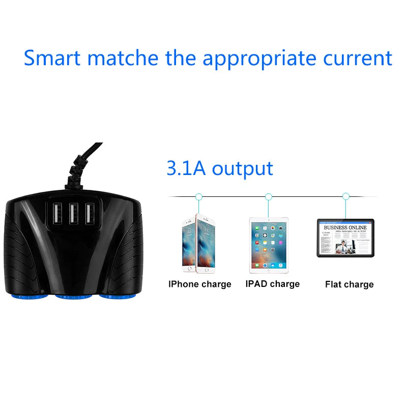 3 USB Port 3 Way 3.1A Blue Led Car Cigarette Lighter Socket Splitter Hub Power Adapter 12V-24V For iPad Smartphone DVR GPS