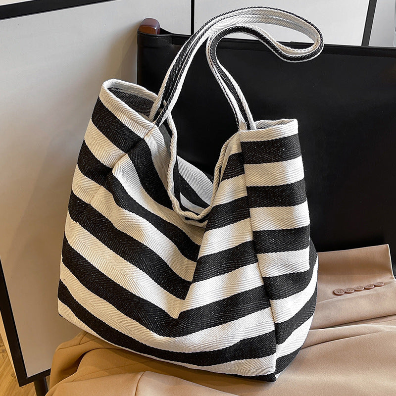 Korean ins lazy style striped canvas bag literary contrast color tote bag large capacity shoulder bag shopping bag large bag