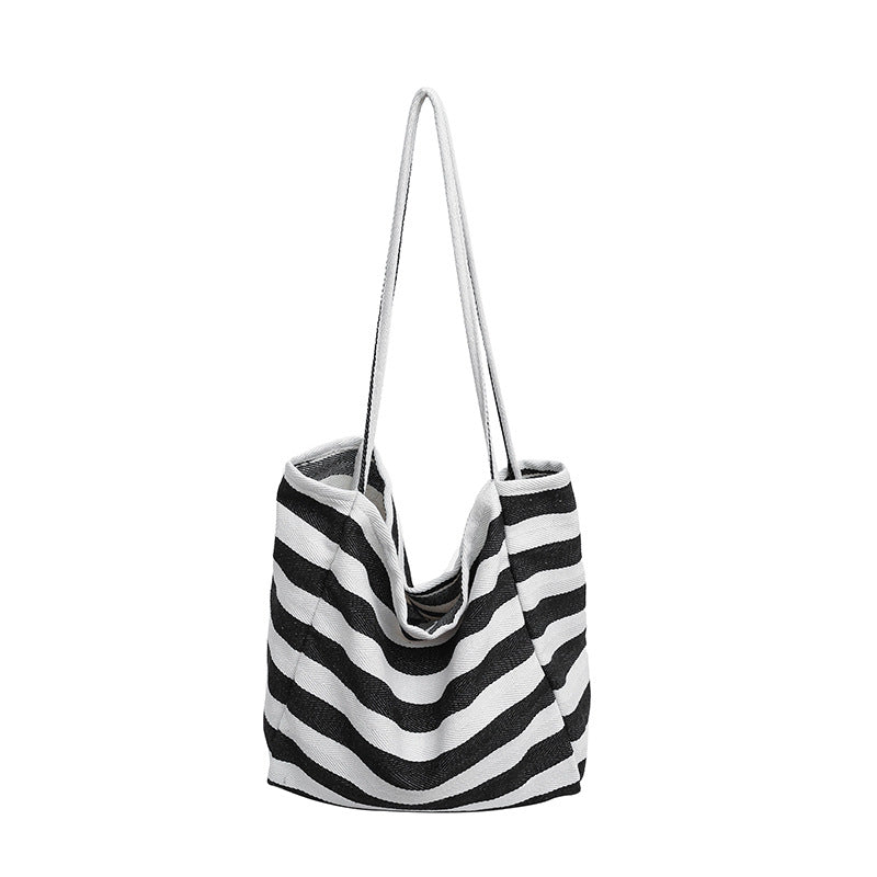 Korean ins lazy style striped canvas bag literary contrast color tote bag large capacity shoulder bag shopping bag large bag