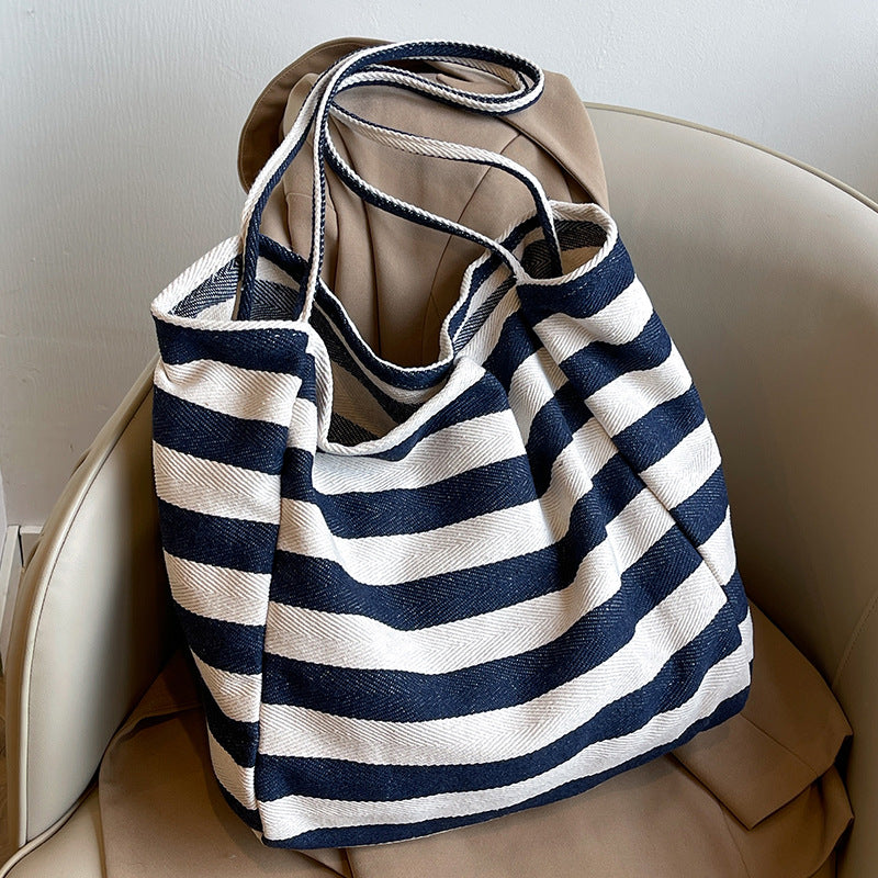 Korean ins lazy style striped canvas bag literary contrast color tote bag large capacity shoulder bag shopping bag large bag