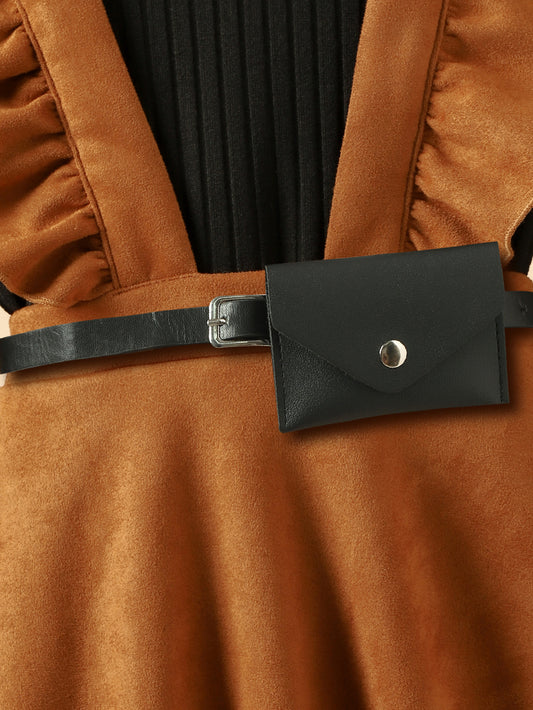 Baoxin Korean version of autumn and winter children's clothing Qianjin style knitted bottoming shirt suede overalls skirt waist bag three-piece suit for girls