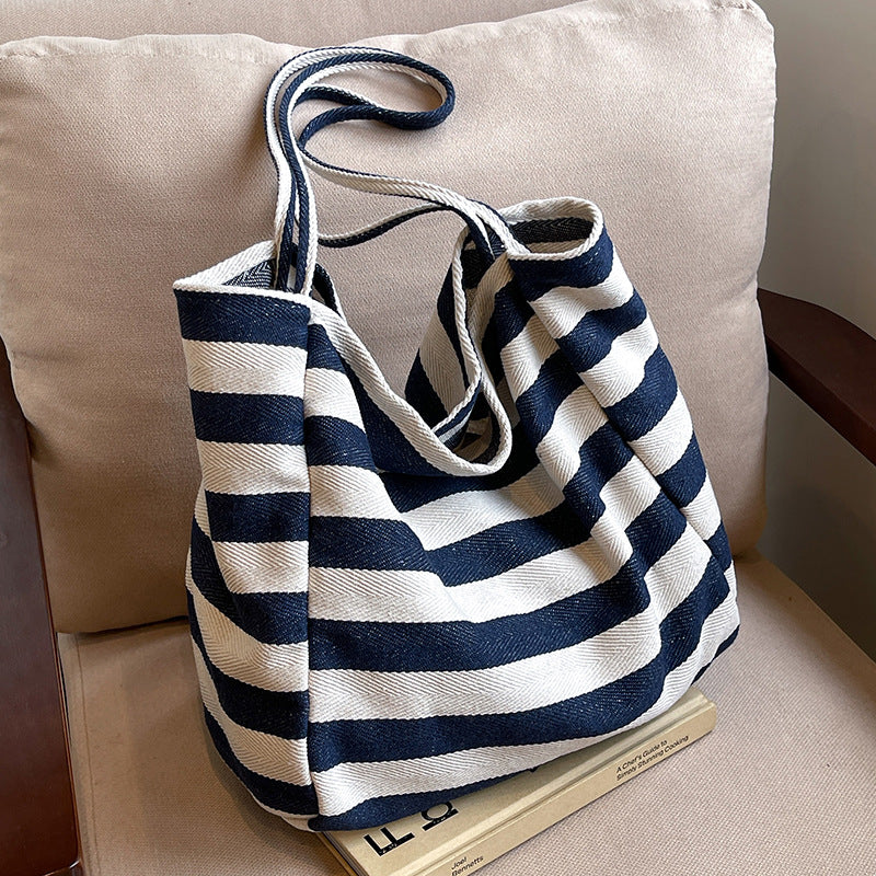 Korean ins lazy style striped canvas bag literary contrast color tote bag large capacity shoulder bag shopping bag large bag