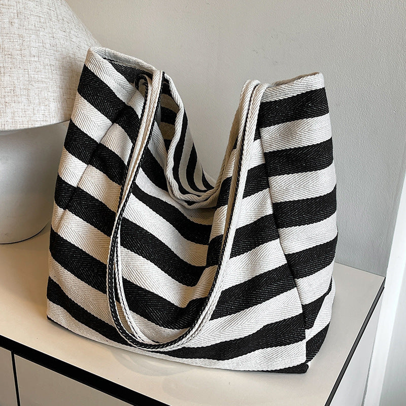 Korean ins lazy style striped canvas bag literary contrast color tote bag large capacity shoulder bag shopping bag large bag