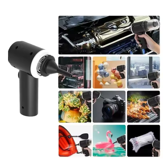 Black handheld vacuum cleaner with various applications shown in a collage on a white background