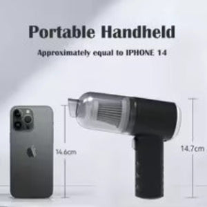 Handheld vacuum cleaner next to an iPhone 14 for size comparison on a white background
