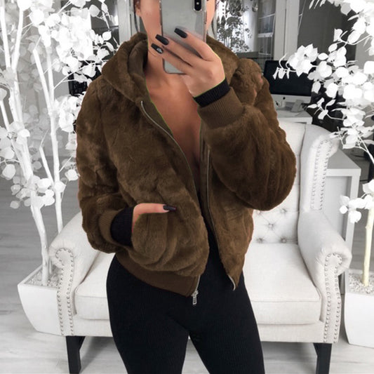 2019 foreign trade Amazon wish European and American autumn and winter explosion models women's hooded bunny fur imitation fur plush jacket women