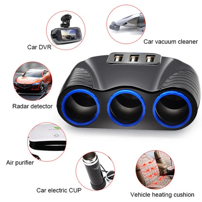 3 USB Port 3 Way 3.1A Blue Led Car Cigarette Lighter Socket Splitter Hub Power Adapter 12V-24V For iPad Smartphone DVR GPS