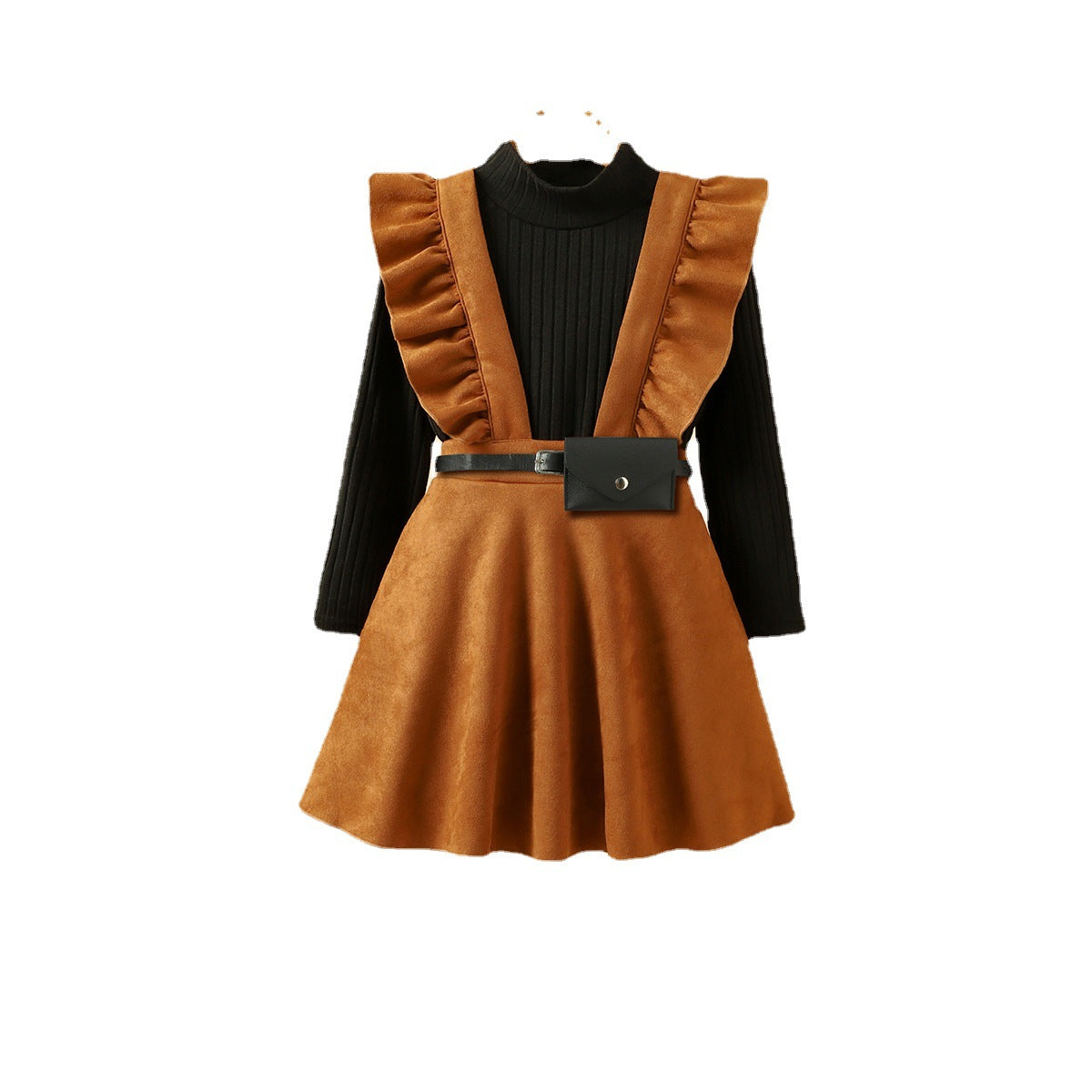 Baoxin Korean version of autumn and winter children's clothing Qianjin style knitted bottoming shirt suede overalls skirt waist bag three-piece suit for girls