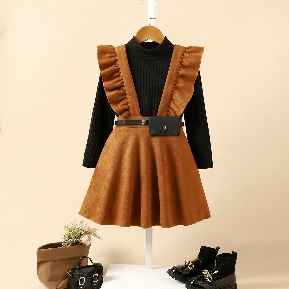 Baoxin Korean version of autumn and winter children's clothing Qianjin style knitted bottoming shirt suede overalls skirt waist bag three-piece suit for girls