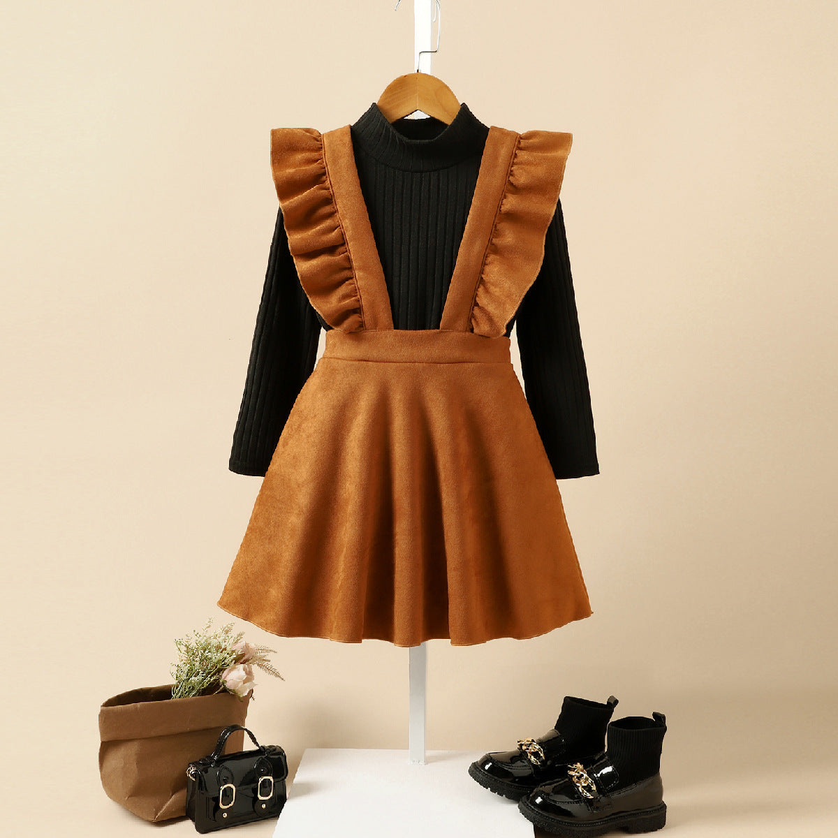 Baoxin Korean version of autumn and winter children's clothing Qianjin style knitted bottoming shirt suede overalls skirt waist bag three-piece suit for girls