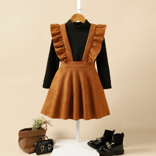 Baoxin Korean version of autumn and winter children's clothing Qianjin style knitted bottoming shirt suede overalls skirt waist bag three-piece suit for girls