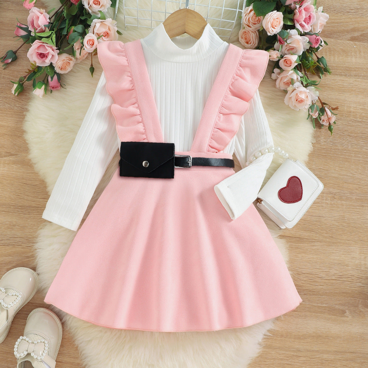Baoxin Korean version of autumn and winter children's clothing Qianjin style knitted bottoming shirt suede overalls skirt waist bag three-piece suit for girls