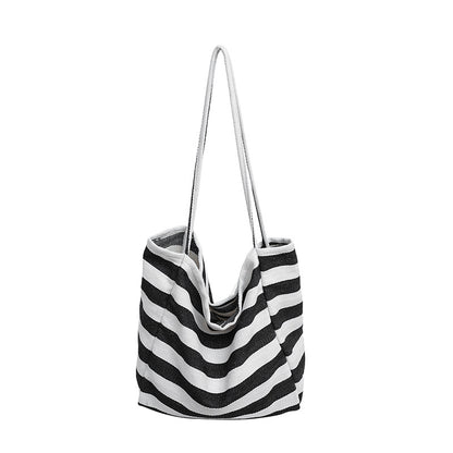 Korean ins lazy style striped canvas bag literary contrast color tote bag large capacity shoulder bag shopping bag large bag