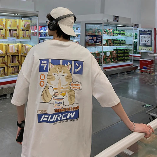 Cat cartoon pattern men's T-shirt casual loose short-sleeved T-shirt Japanese T-shirt men's trendy brand printed cotton