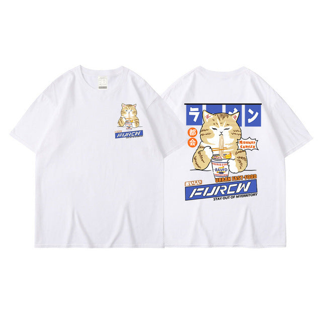Cat cartoon pattern men's T-shirt casual loose short-sleeved T-shirt Japanese T-shirt men's trendy brand printed cotton