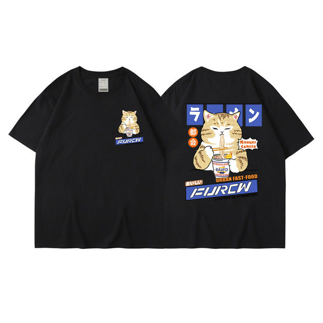 Cat cartoon pattern men's T-shirt casual loose short-sleeved T-shirt Japanese T-shirt men's trendy brand printed cotton