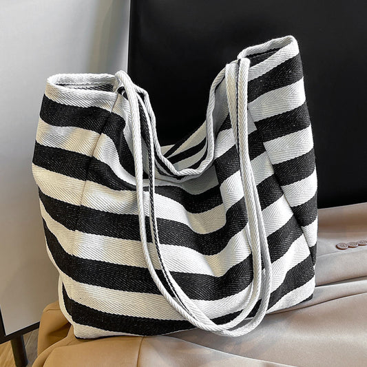 Korean ins lazy style striped canvas bag literary contrast color tote bag large capacity shoulder bag shopping bag large bag