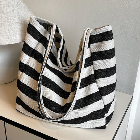 Korean ins lazy style striped canvas bag literary contrast color tote bag large capacity shoulder bag shopping bag large bag