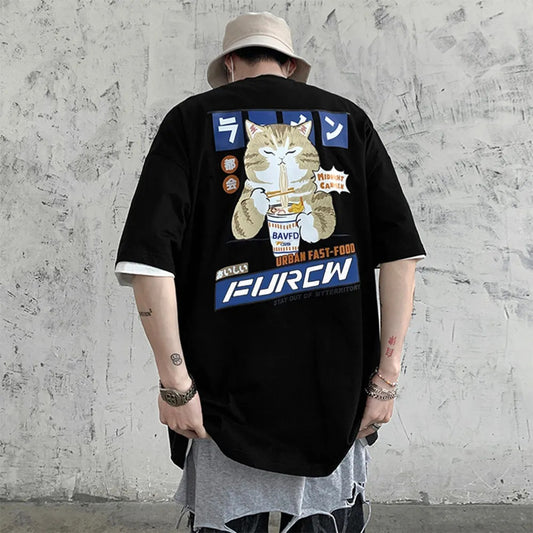 Cat cartoon pattern men's T-shirt casual loose short-sleeved T-shirt Japanese T-shirt men's trendy brand printed cotton