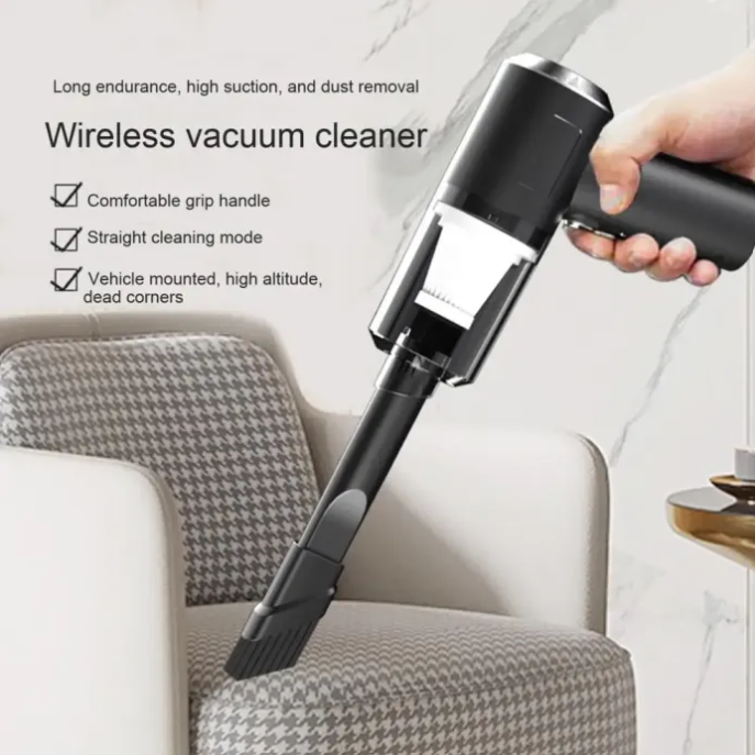 Wireless vacuum cleaner being used to clean a sofa with text highlighting features.