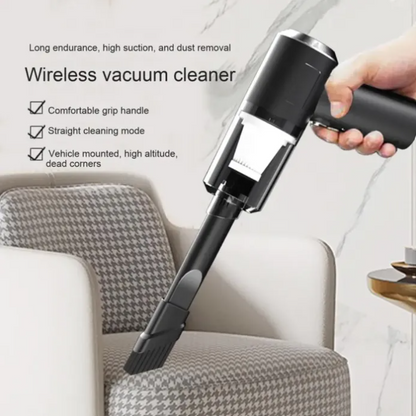 Wireless vacuum cleaner being used to clean a sofa with text highlighting features.